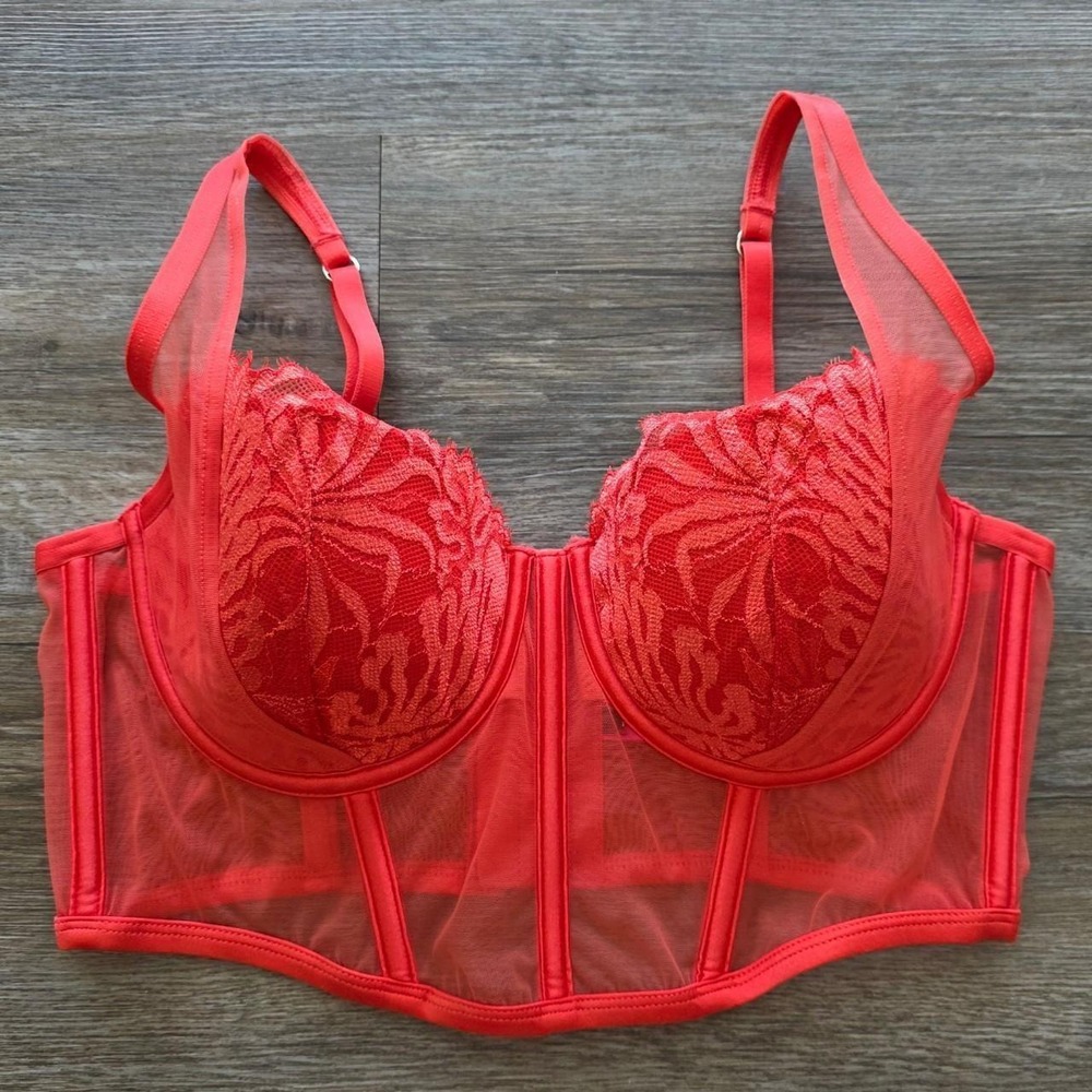 La Senza Red Floral Lace Bustier Bra Top Y2K Mesh Corset Medium